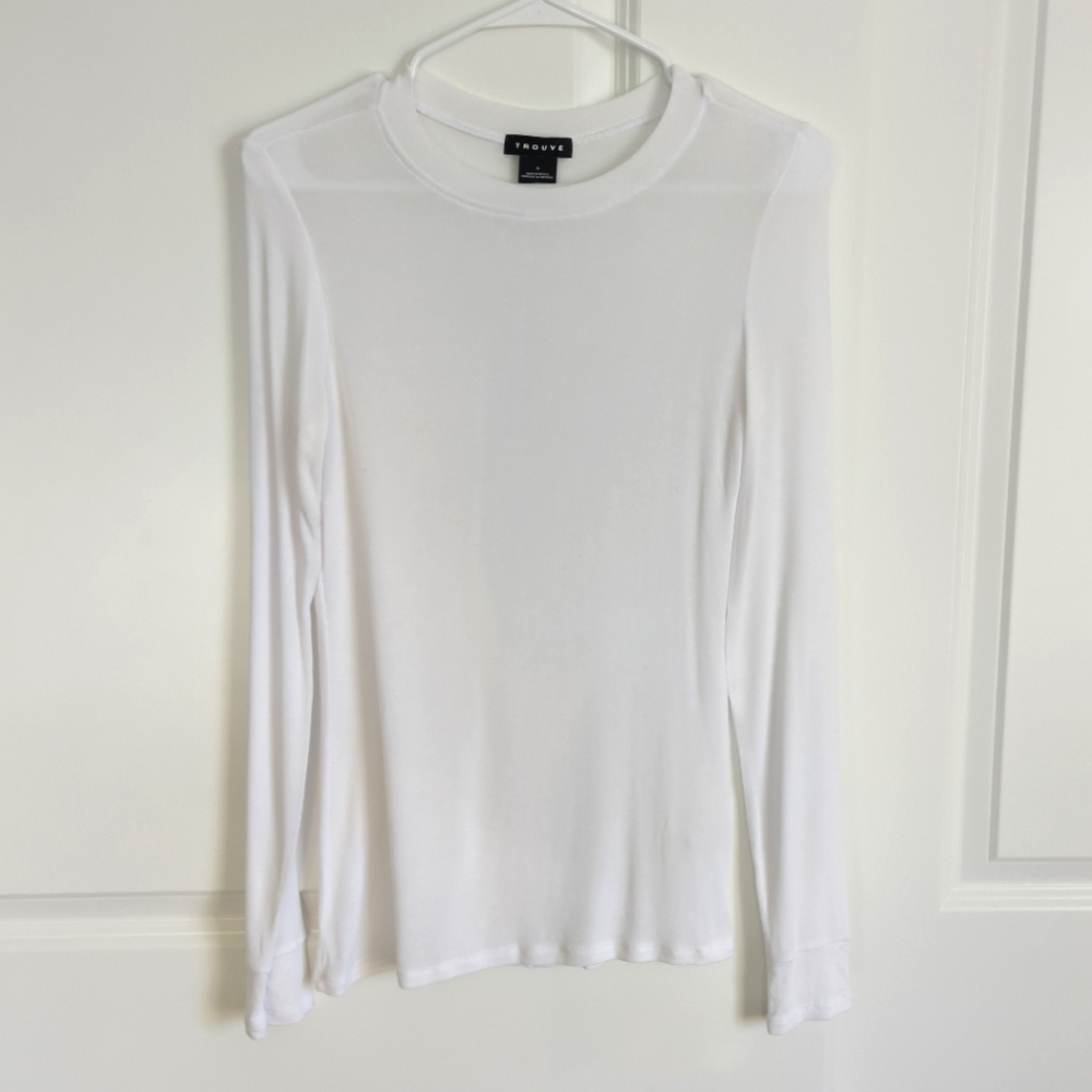 Trouve White Long Sleeve Tee Shirt Fine Knit - Women's Size Small - (Trouvé)